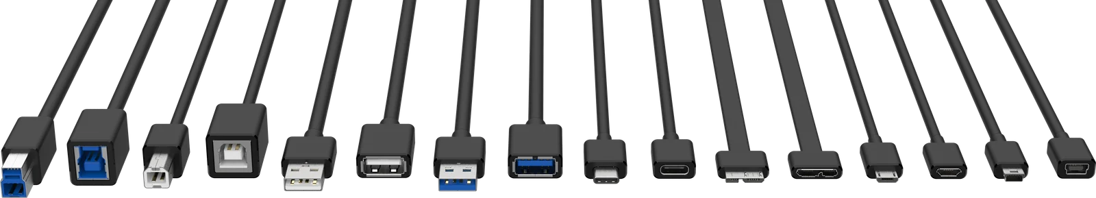 Every USB connector shown side by side: Type-B 3.0, Type-B, Type-A, Type-A 3.0, Type-C, Micro-B 3.0, Micro-B and Mini-B, each as a plug and a socket.